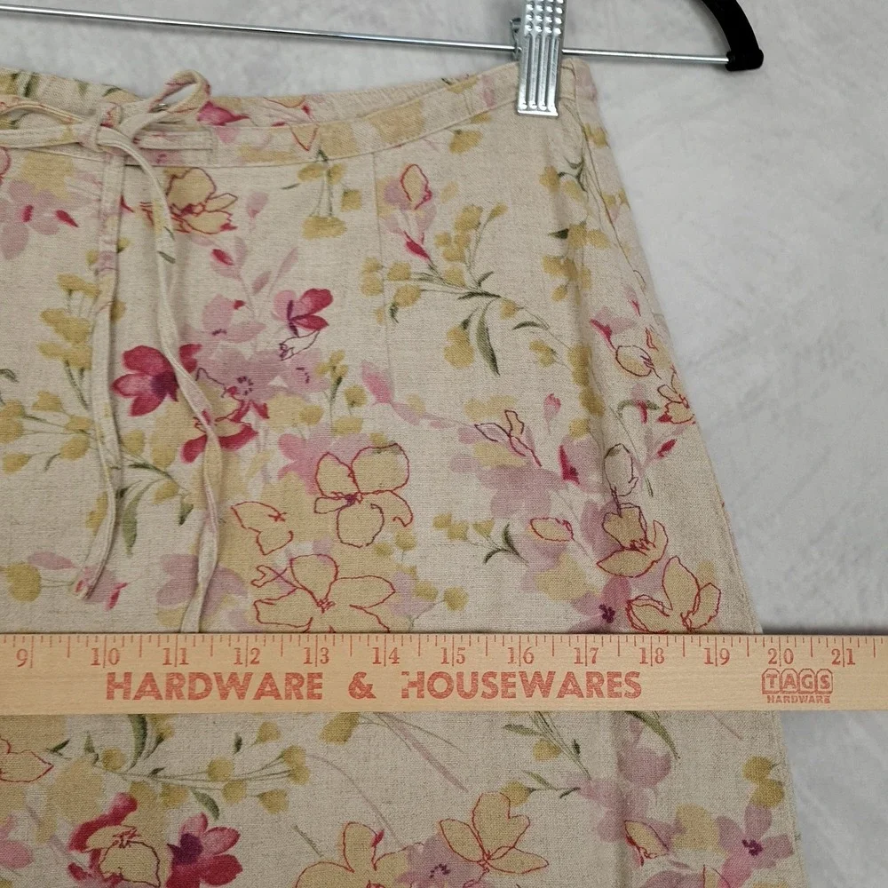 Liz Claiborne Skirt Womens 4 Petite Beige Pink Yellow Floral Linen Blend Midi